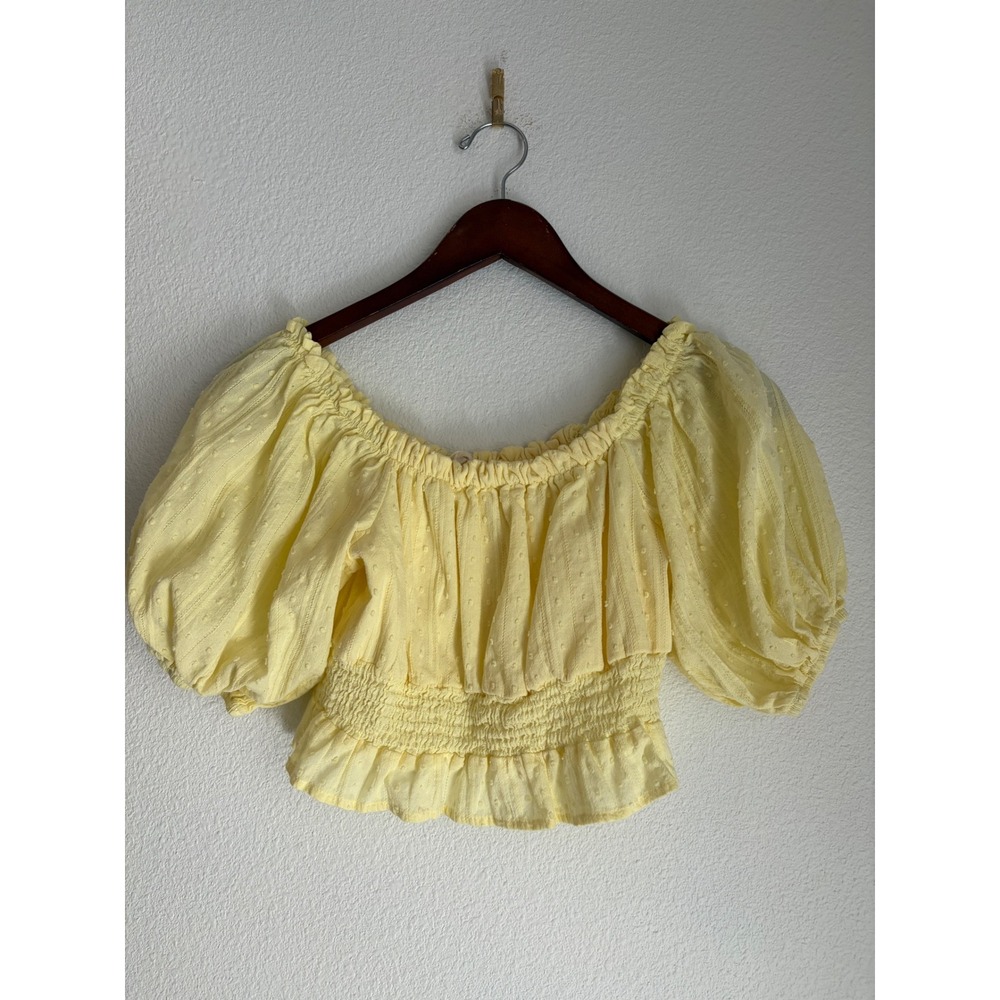 Altar'd State Yellow Swiss Dot Smocked Crop Top Puff Sleeve Off Shoulder Medium